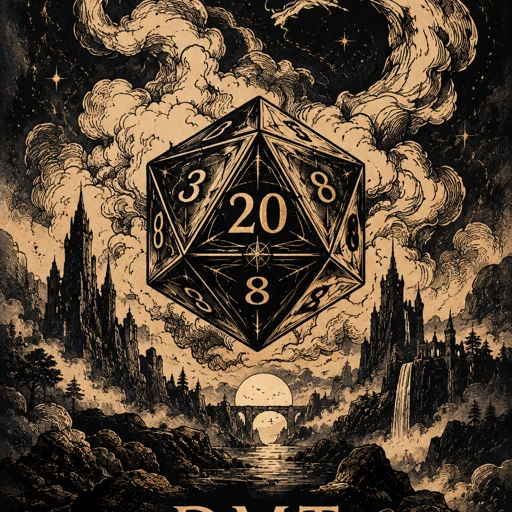 Engraved illustration of a twenty-sided die floating above a ruined castle valley under swirling smoke
